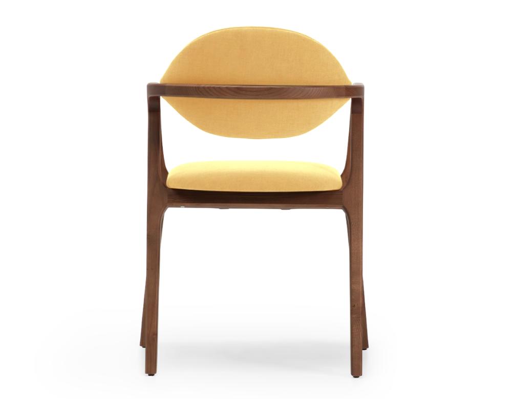 Chaise design avec accoudoirs bois teinte marron foncé et tissu jaune