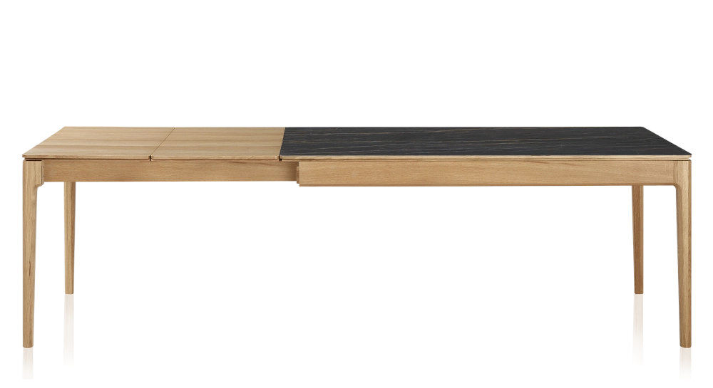 Table extensible 8 à 12 personnes en chêne et céramique allonges bois avec bois teinte naturelle et plateau céramique effet marbre noir 180x100 cm
