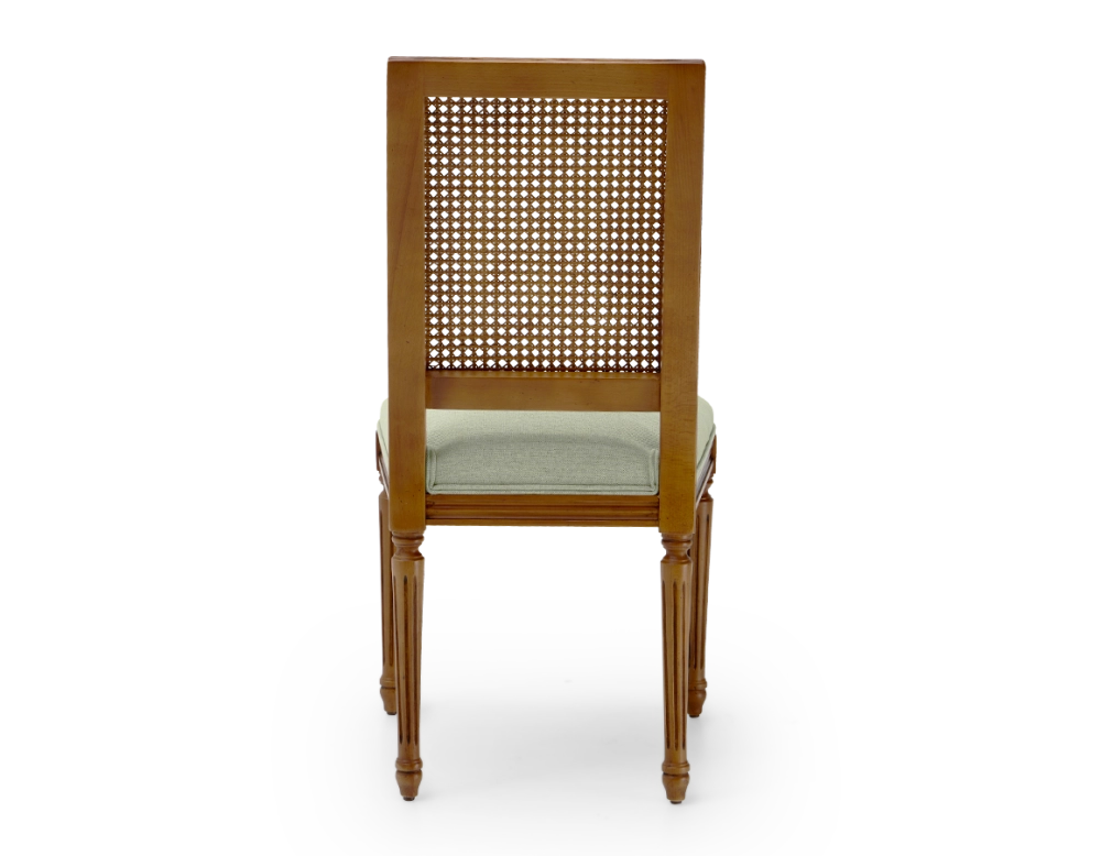 Louis XVI style antique chair cane back chair with sage green fabric seat
