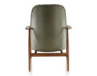 Fauteuil design bois teinte merisier et cuir vert kaki
