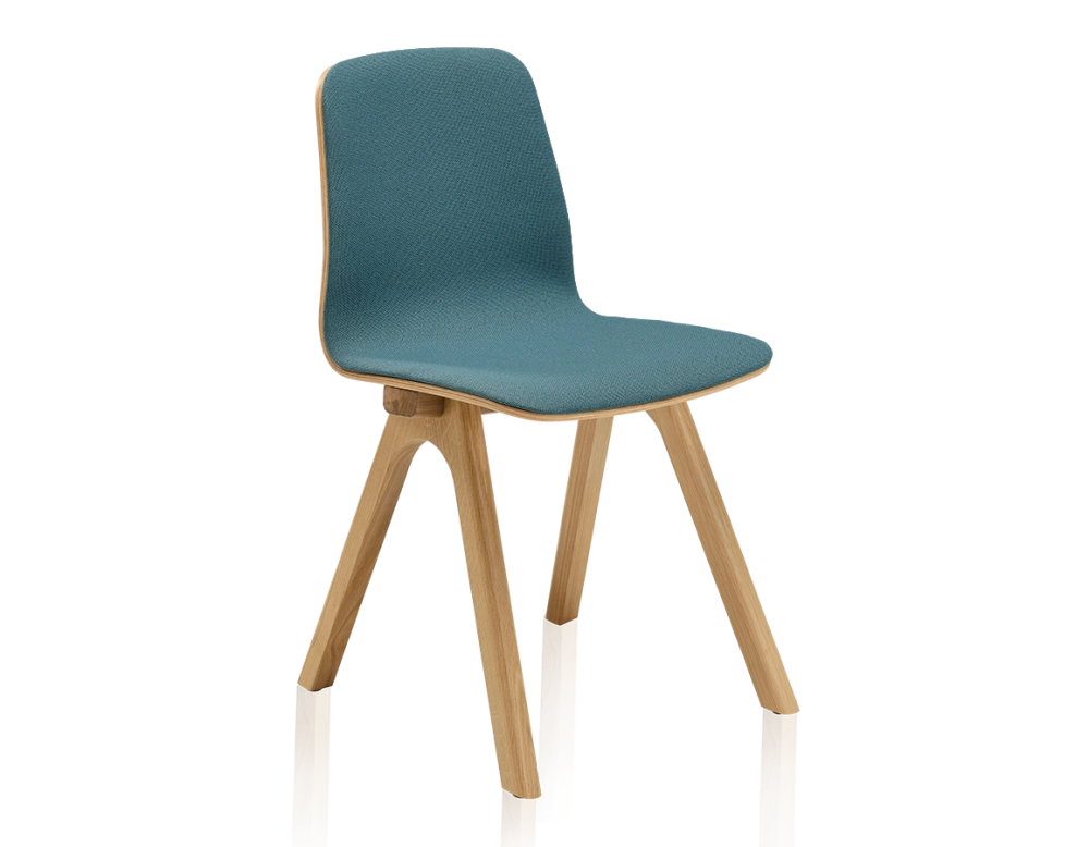 Chaise design en chêne tapissé bois teinte naturelle assise tissu bleu océan