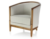 Antique armchair with moulded armrests wood stained antique and natural beige fabric