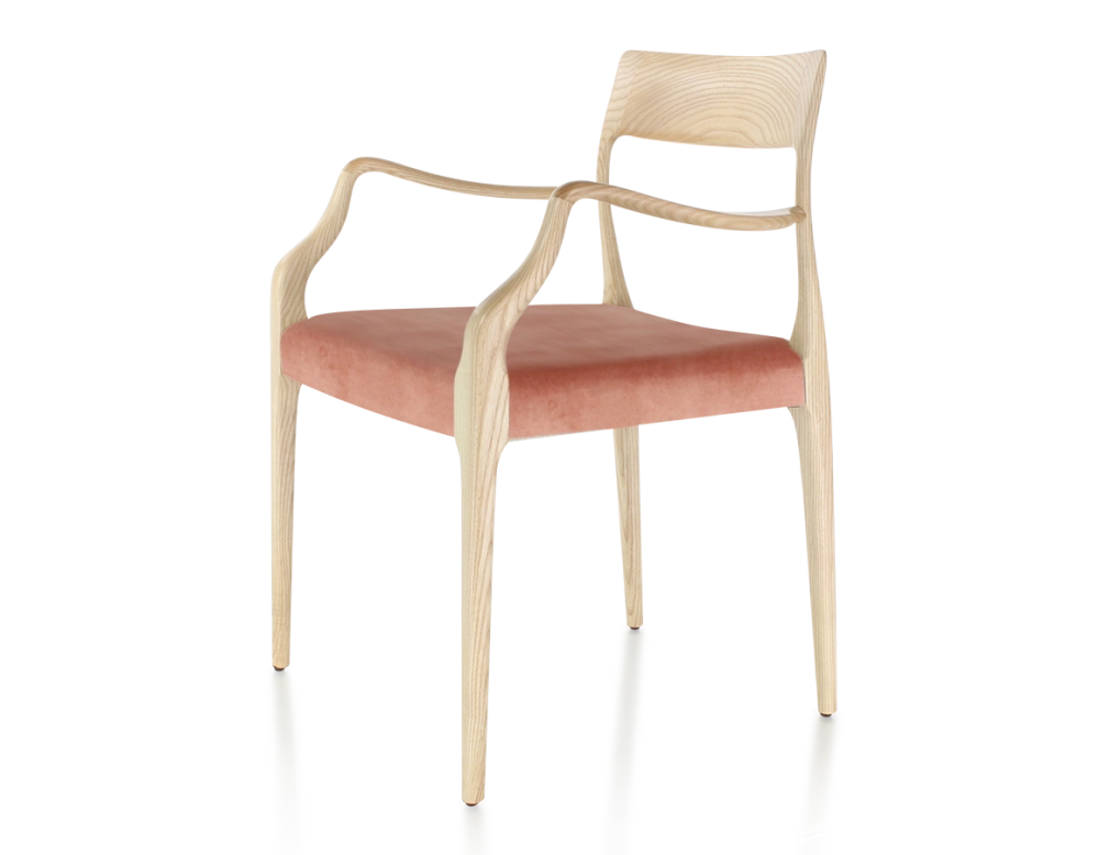 Chaise scandinave avec accoudoirs bois teinte naturelle assise tissu velours rose pâle