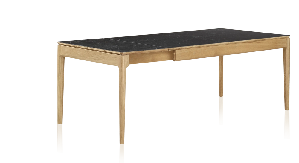 Table extensible 8 à 12 personnes en chêne et céramique allonges céramique avec bois teinte naturelle et plateau et allonges céramique effet ardoise 210x100 cm