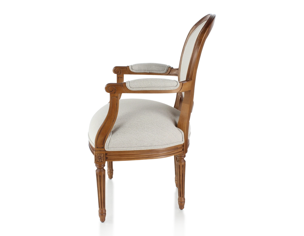 Fauteuil ancien style Louis XVI bois teinte ancienne et tissu beige naturel