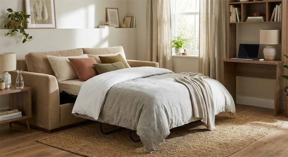 Canapé convertible 3 places tissu velours taupe clair