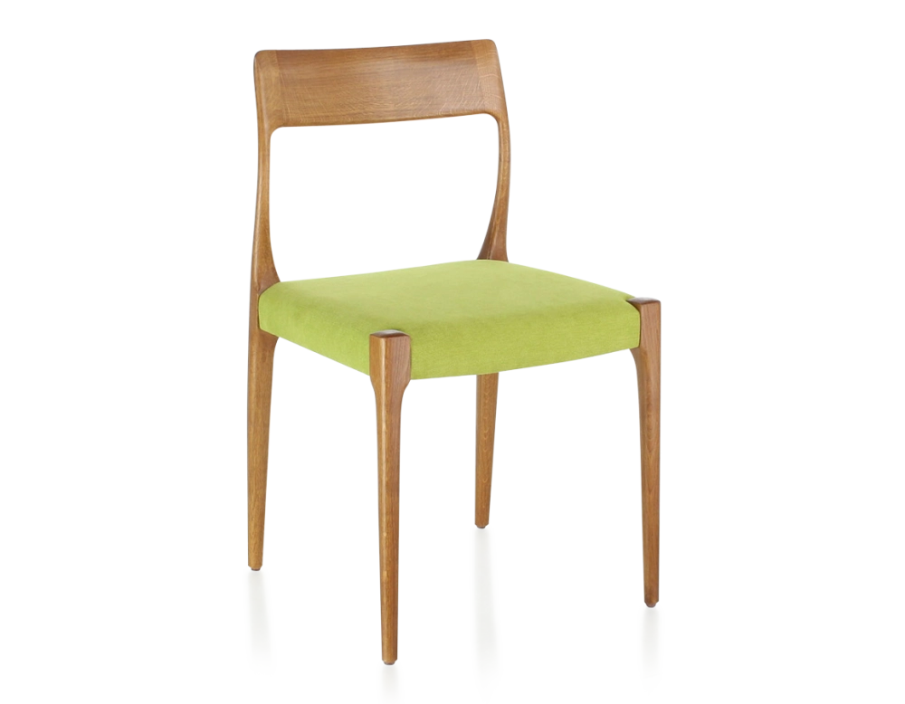 Chaise scandinave bois teinte merisier assise tissu vert pomme
