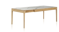 Table extensible en chêne et céramique 6 à 10 personnes allonges céramique avec bois teinte naturelle et plateau et allonges céramique effet marbre blanc 140x90 cm