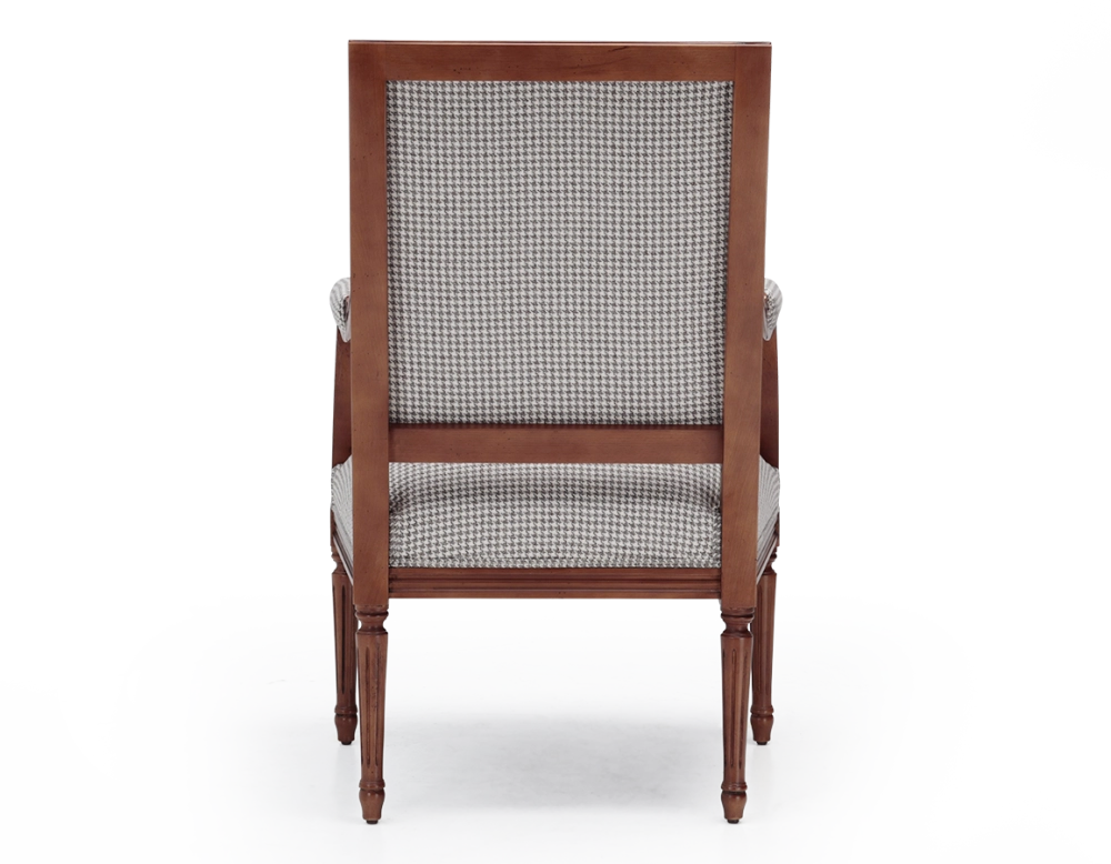 Fauteuil ancien style Louis XVI bois teinte ancienne et tissu pied de poule blanc et taupe