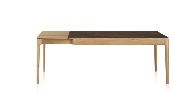 Table extensible 8 à 12 personnes en chêne et céramique allonges bois avec bois teinte naturelle et plateau céramique brun oxydé 210x100 cm