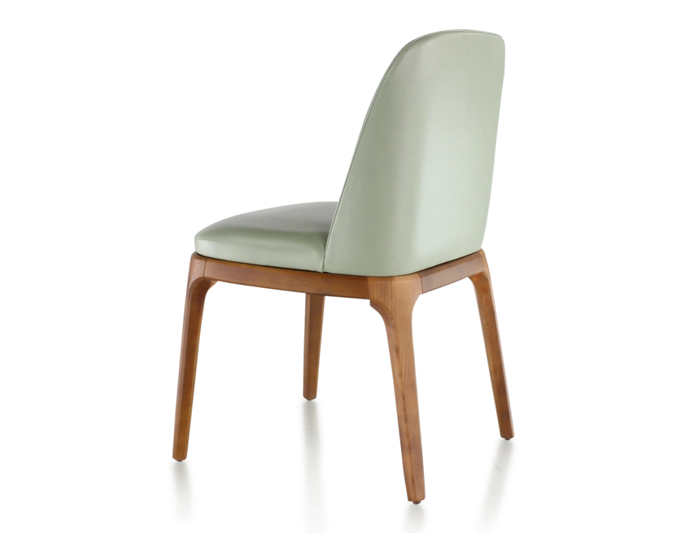 Chaise design bois teinte merisier et cuir cuir vert sauge