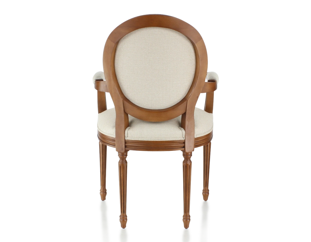 Antique Louis XVI style armchair with armrests wood stained in antique style and beige chevron fabric