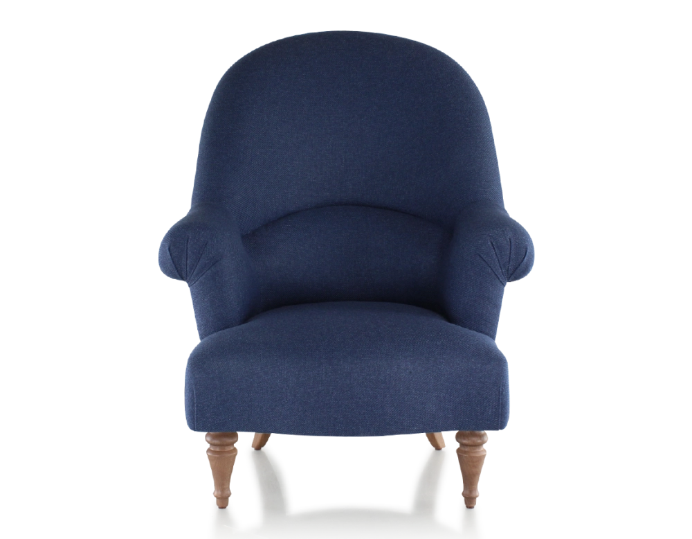 Fauteuil crapaud avec accoudoirs pieds bois teinte noyer et tissu bleu marine haut dossier