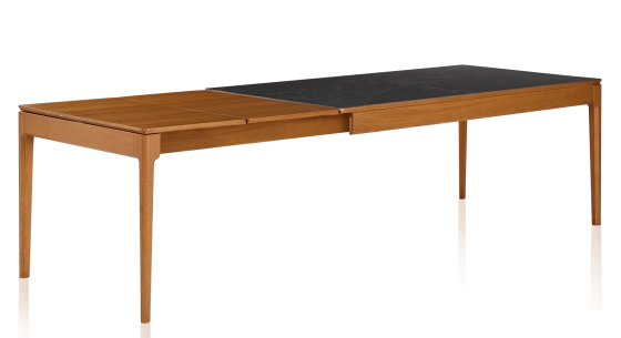 Table extensible 6 à 10 personnes en chêne et céramique allonges bois avec bois teinte merisier et plateau céramique effet ardoise 160x100 cm