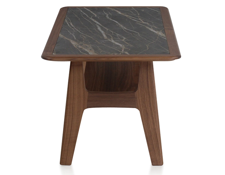 Table basse rectangulaire en chêne et céramique avec bois teinte marron foncé plateau céramique effet marbre noir 100x50 cm
