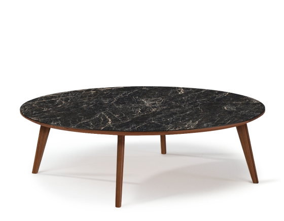 Table basse ronde F1 en noyer et céramique bois teinte naturelle plateau céramique effet marbre noir 100x100x30 cm