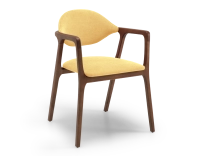 Chaise design avec accoudoirs bois teinte marron foncé et tissu jaune