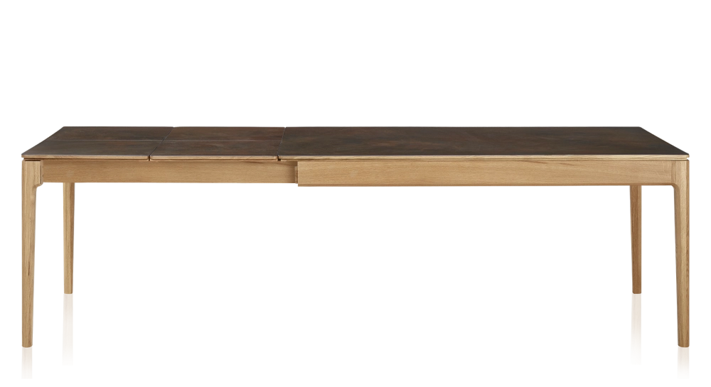 Table extensible 8 à 12 personnes en chêne et céramique allonges céramique avec bois teinte naturelle et plateau et allonges céramique brun oxydé 210x100 cm