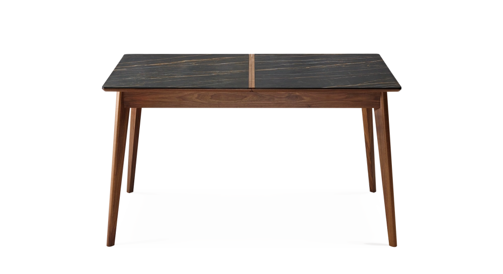 Table extensible 6 à 8 personnes en noyer et céramique allonges bois avec bois teinte naturelle et plateau céramique effet marbre noir 140x90 cm