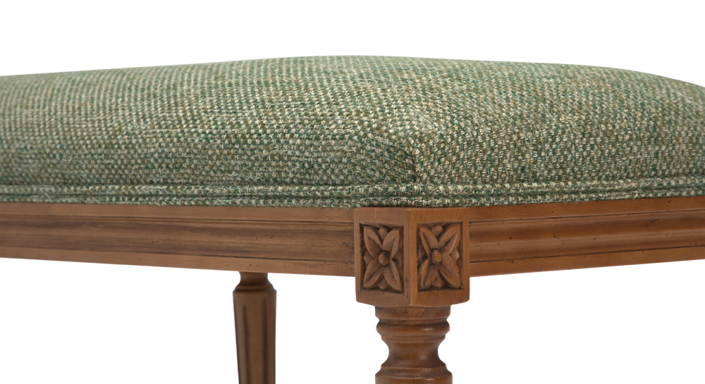 Louis XVI style antique bench wood antique stain and green mottled fabric.