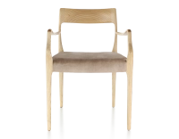 Chaise scandinave avec accoudoirs bois teinte naturelle assise tissu velours taupe clair