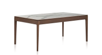 Table salle à manger en chêne et céramique 6 personnes avec bois teinte marron foncé et plateau céramique effet marbre blanc 160x100 cm