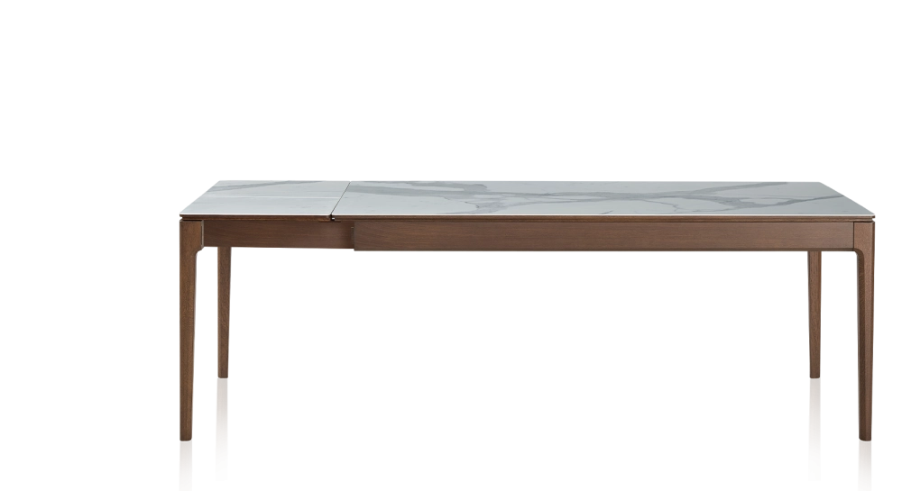 Table extensible en chêne et céramique 6 à 10 personnes allonges céramique avec bois teinte marron foncé et plateau et allonges céramique effet marbre blanc 140x90 cm