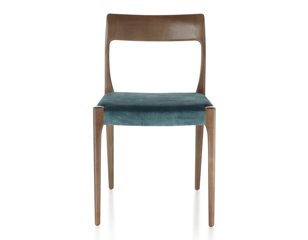 Silla escandinava madera tintada marrón oscuro asiento tejido terciopelo azul petróleo