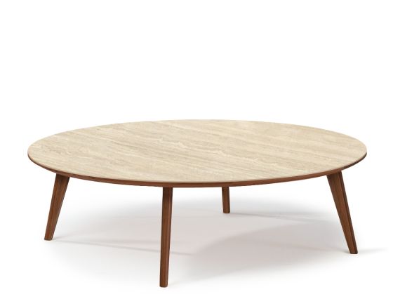 Round walnut and ceramic F1 coffee table natural wood finish with ceramic top in travertine stone effect. 90x90x30 cm