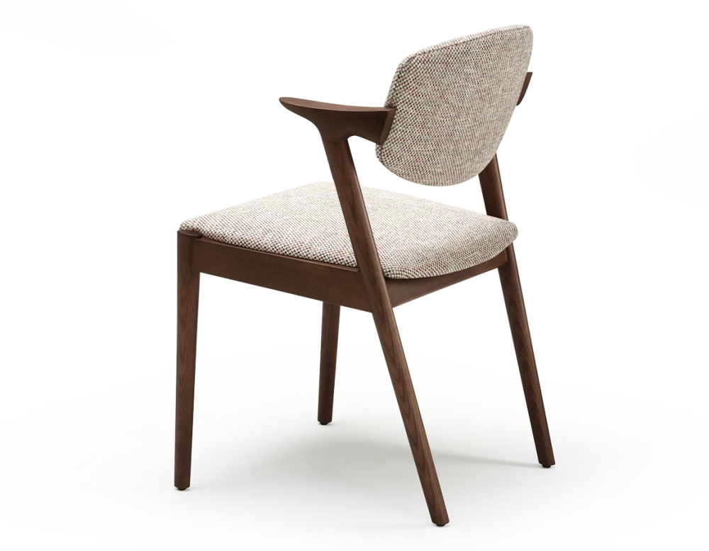 Scandinavian chair dark brown stained wood with fusion fabric seat.