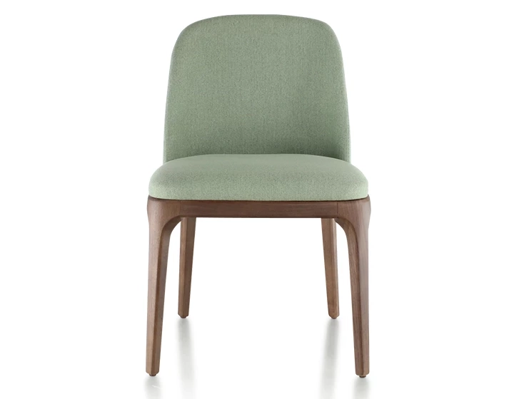 Silla de diseño madera tintada en marrón oscuro y tejido verde salvia