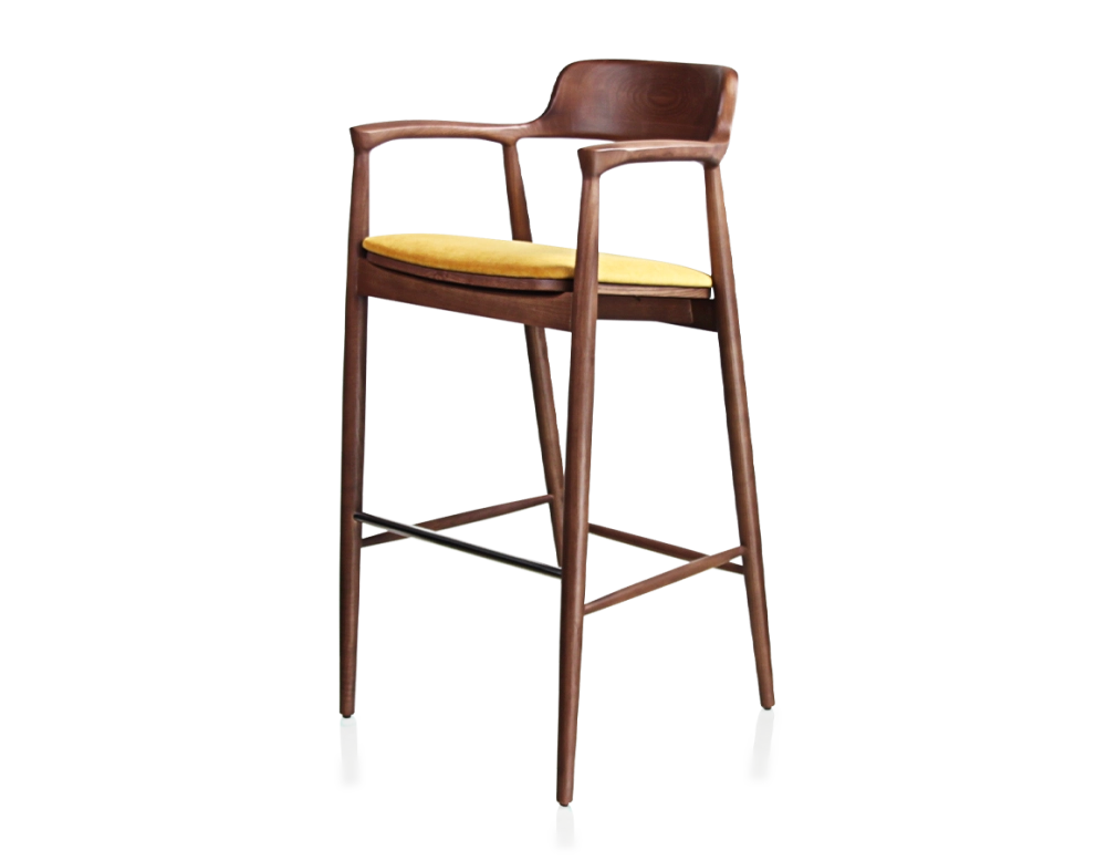 Bar stool h80 cm walnut-stained wood, yellow fabric seat