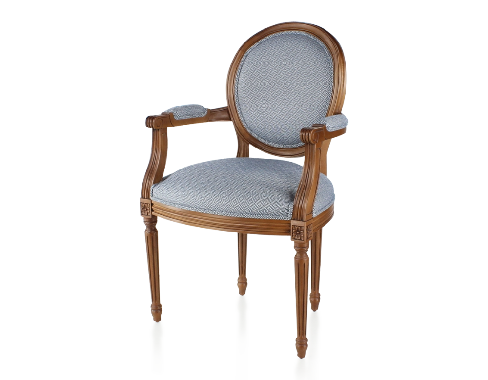 Antique Louis XVI style armchair with armrests aged wood stain and blue chevron fabric