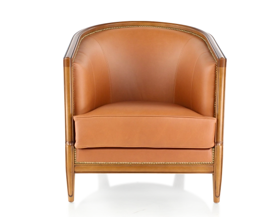 Fauteuil ancien accoudoirs moulurés bois teinte ancienne et cuir caramel
