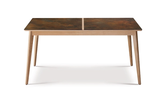 Table extensible 6 à 8 personnes en chêne et céramique allonges bois avec bois teinte naturelle et plateau céramique brun oxydé 160x100 cm