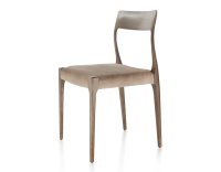 Scandinavian chair dark brown stained wood, light taupe velvet seat