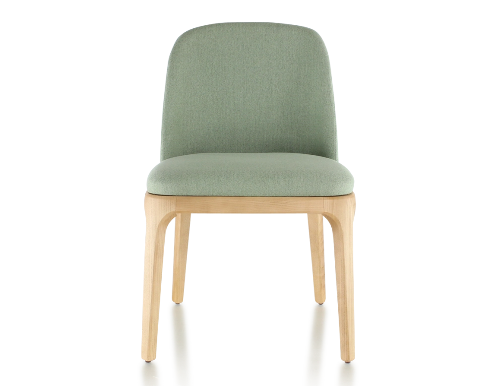 Chaise design bois teinte naturelle et tissu vert sauge