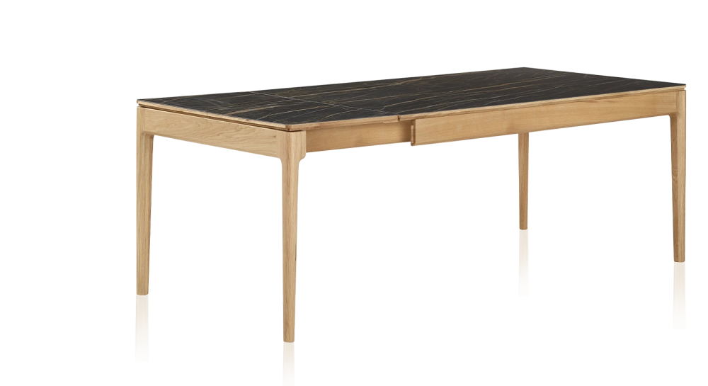 Table extensible en chêne et céramique 6 à 10 personnes allonges céramique avec bois teinte naturelle et plateau et allonges céramique effet marbre noir 140x90 cm