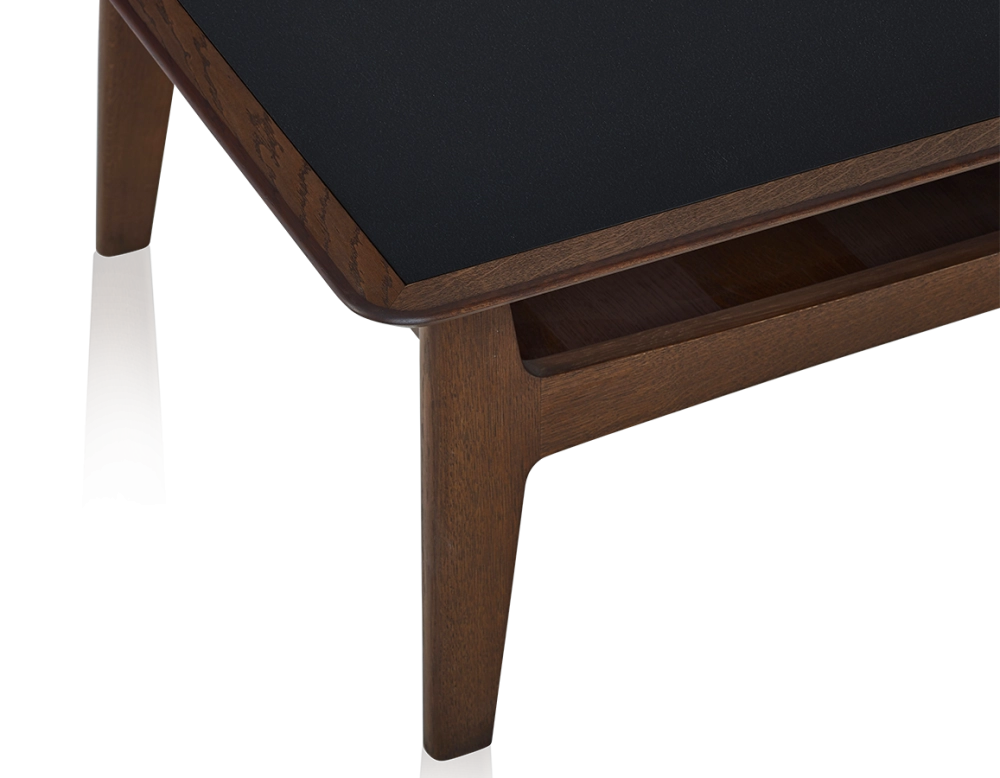 Square coffee table in oak and ceramic with dark brown stained wood, plain black ceramic top 100x100 cm