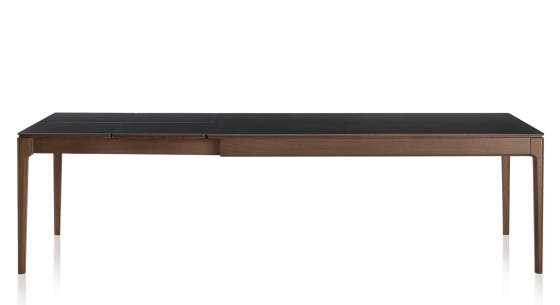 Table extensible en chêne et céramique 6 à 10 personnes allonges céramique avec bois teinte marron foncé et plateau et allonges céramique noire unie 140x90 cm