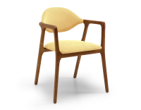 Chaise design avec accoudoirs bois teinte merisier et tissu jaune