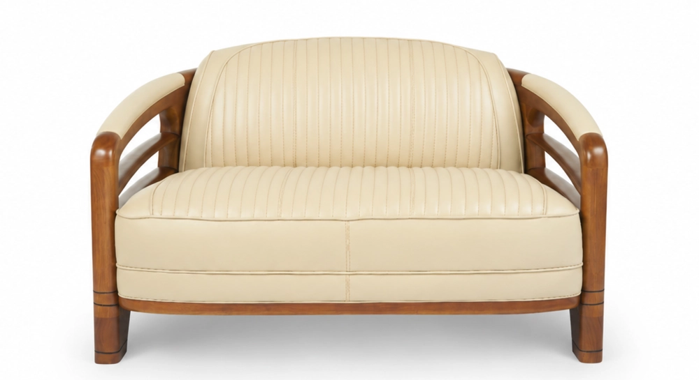 Canapé club bois et cuir 2 places beige