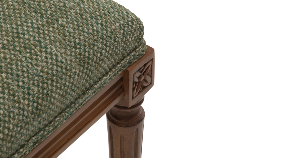 Louis XVI style antique bench wood antique stain and green mottled fabric.