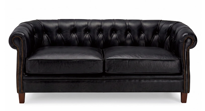 Canapé Chesterfield cuir 2 places noir accoudoirs cloutés