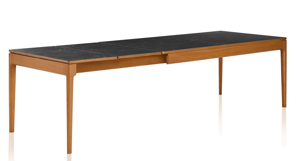 Extendable oak and ceramic table for 6 to 10 people with ceramic extensions with cherry-stained wood and ceramic slate-effect top and extensions 140x90 cm
