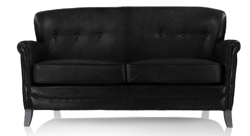 Canapé club cuir 2 places noir accoudoirs cloutés