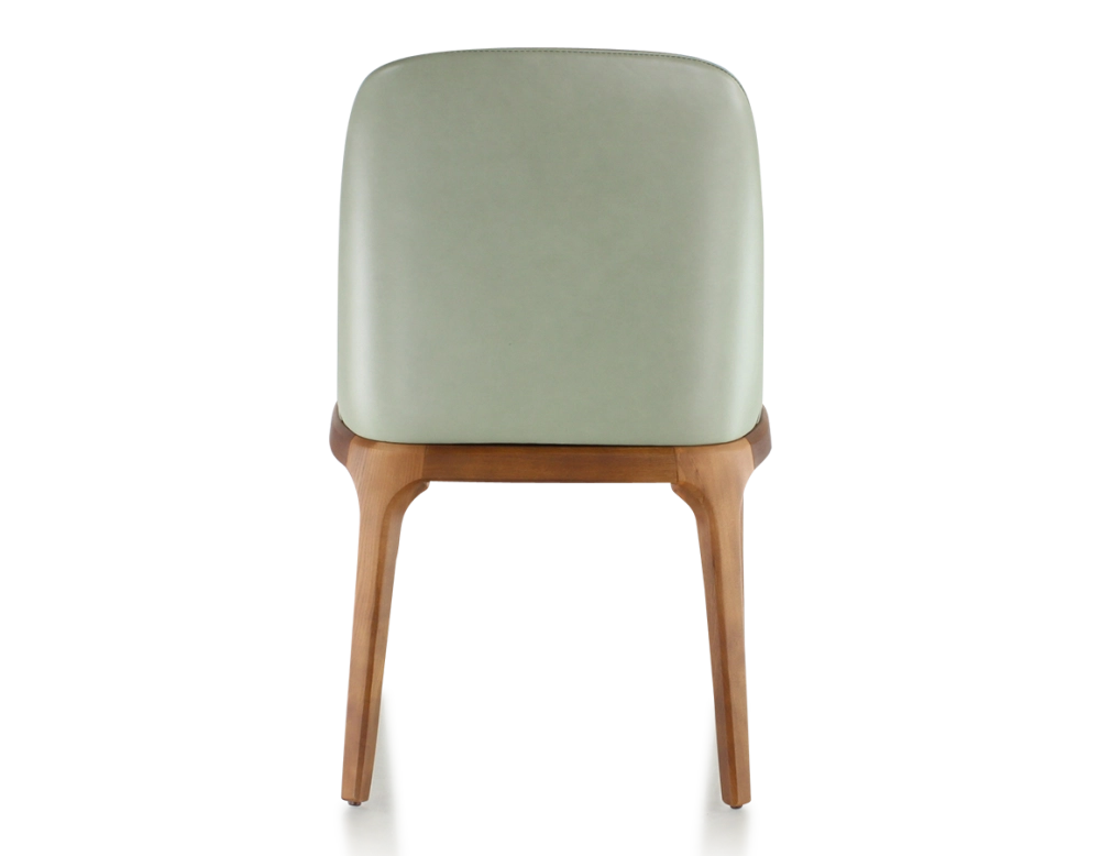Chaise design bois teinte merisier et cuir cuir vert sauge