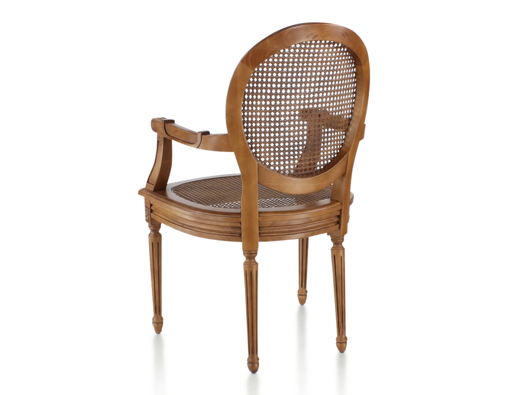 Antique Louis XVI style armchair with armrests wood stained antique seat and back caned