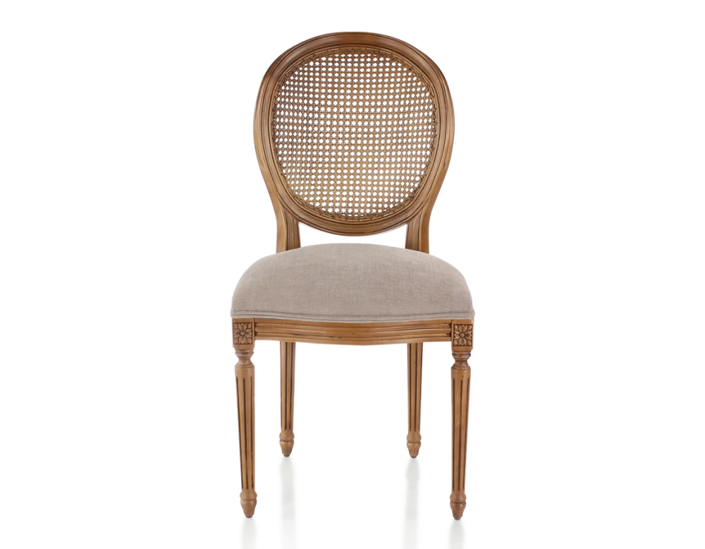 Chaise ancienne style Louis XVI bois teinte ancienne dossier canné assise tissu taupe
