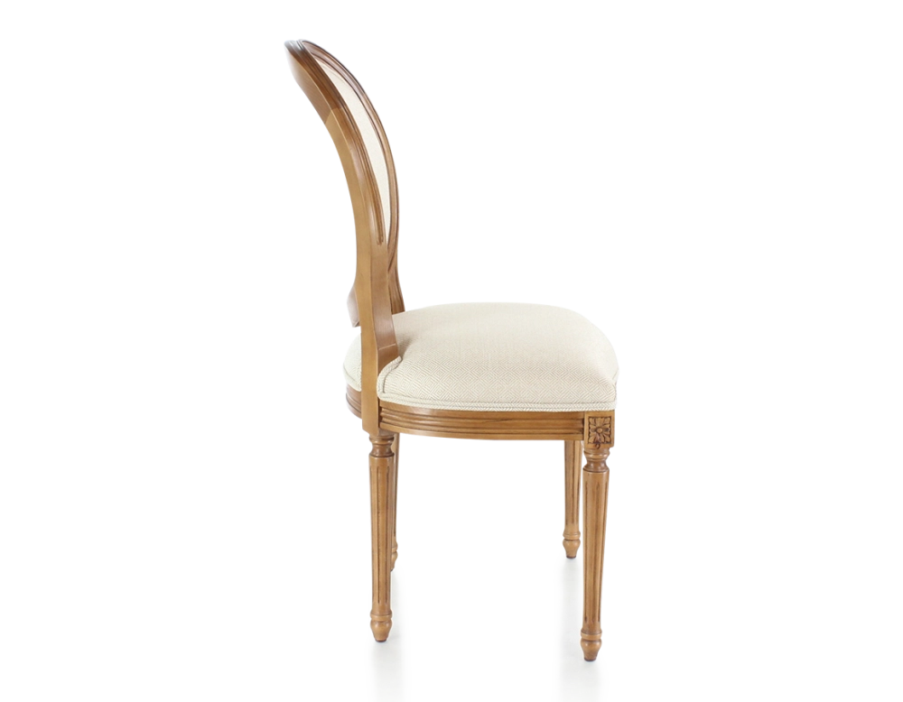 Chaise ancienne style Louis XVI bois teinte ancienne et tissu bouclé blanc